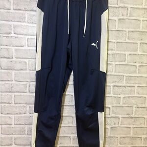 Puma Men's Navy Joggers with White Detailing, size medium